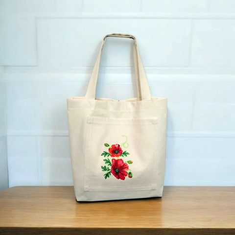 Bawełniana torba z kieszenią i haftem - maki