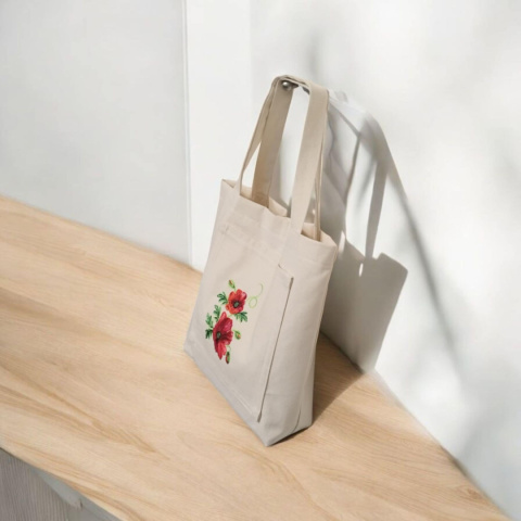 Bawełniana torba z kieszenią i haftem - maki