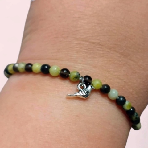 Bransoletka z ptakiem - obsydian i żółty jaspis
