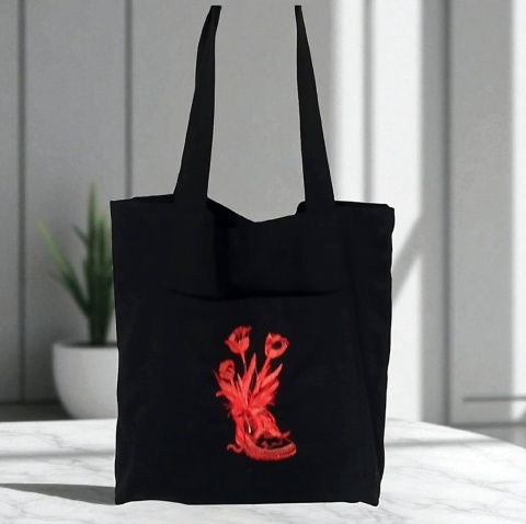 Czarna bawelniana torba z czerwonym haftem