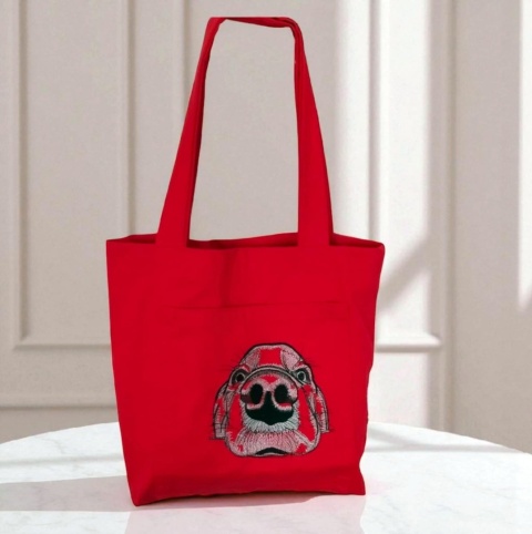 Czerwona bawełniana shopperka z haftowanym psem