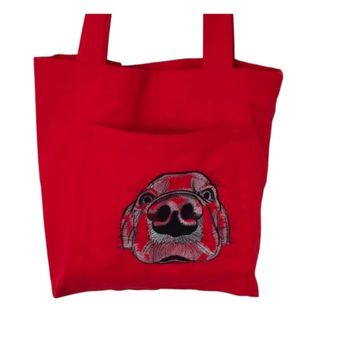 Czerwona bawełniana shopperka z haftowanym psem