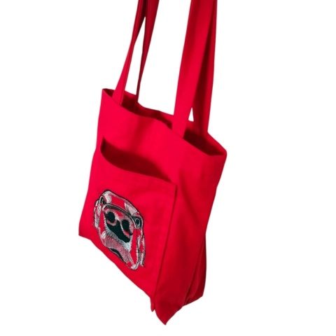 Czerwona bawełniana shopperka z haftowanym psem