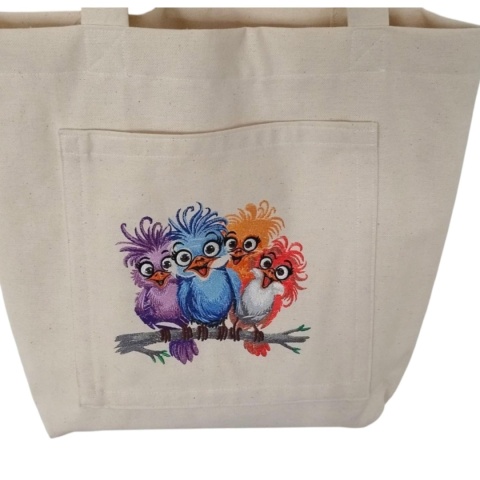 Duża bawełniana torba z haftowanymi ptakami