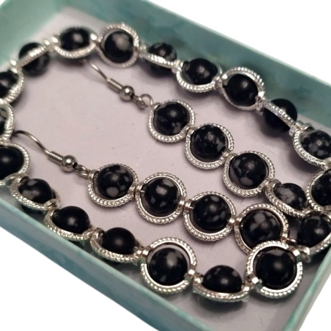 Kolczyki wiszące długie z obsydianu śnieżnego